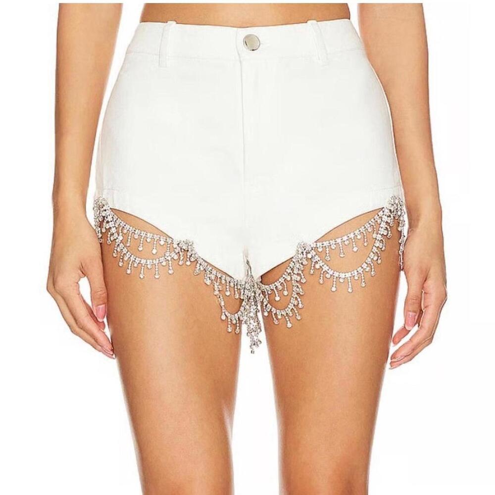 White Embellished Fringe Hem Women's Shorts
